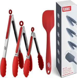 Kaluns Kitchen Tongs, Set of 3 Silicone Tipped Tongs Plus Spatula for Cooking and Grilling, Heat Resistant
