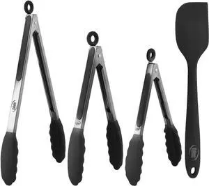 Kaluns Kitchen Tongs, Set of 3 Silicone Tipped Tongs Plus Spatula for Cooking and Grilling, Heat Resistant