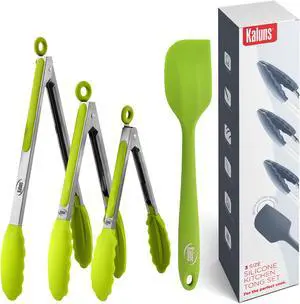 Kaluns Kitchen Tongs, Set of 3 Silicone Tipped Tongs Plus Spatula for Cooking and Grilling, Heat Resistant
