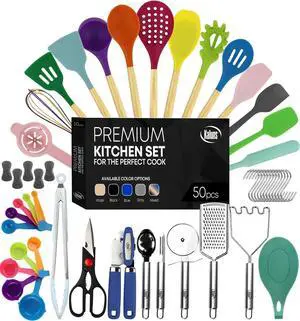 Kaluns 50 PCS Silicone Kitchen Utensils Set , 800°F Heat Resistant Non-Stick Premium Silicone Cooking Utensils With Wooden Handles