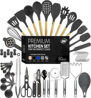 Kaluns 50 PCS Silicone Kitchen Utensils Set , 800°F Heat Resistant Non-Stick Premium Silicone Cooking Utensils With Wooden Handles