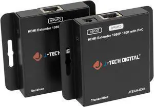 HDMI Extender 1080P 60Hz Over Single CAT5E/6 Up To 160ft. | Supports PoC (Power Over Cable), 3D, Deep Color, Digital Audio, Zero Signal Loss by J-Tech Digital [JTECH-EX2]