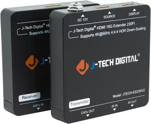 HDMI Extender 4K 60Hz Over Cat5e/6 Ethernet Cable Up To 230ft. Supports 4K Downscale HDMI Loop Out PoC HDR Bi-Directional IR by J-Tech Digital [JTECH-EX230V2]