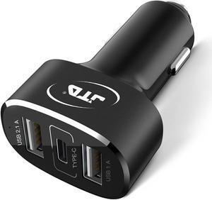 USB Type C Car Charger, JTD USB C 5Amp 25W 3-Port USB Rapid Car Charger Adapter with One Fast Charge Type C Port and Two Standard USB A Outputs. Best for iPhone, iPad, Samsung, Macbook 12'' and more