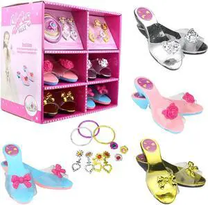 Princess Dress Up Set 4 Pairs of Shoes + Fashion Jewelry Accessories Little Girl Role Play Fashion Beauty Gift Set for Girls Ages 3-10 (4 Pairs Slippers and Jewelry Set)