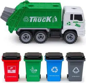 AZToys 215B-52 Friction Powered Garbage Truck Toy for Kids | Waste Management Dump Truck with Openable Back Door & 4 Trash Cans for Easy Dumping Function