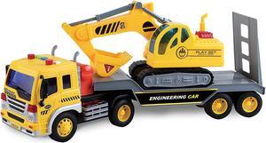 AZToys WY571A Friction Powered Flatbed Trailer Truck with Excavator Tractor for Kids | Realistic Two Construction Engineering Vehicles Playset Toys with Lights and Sounds