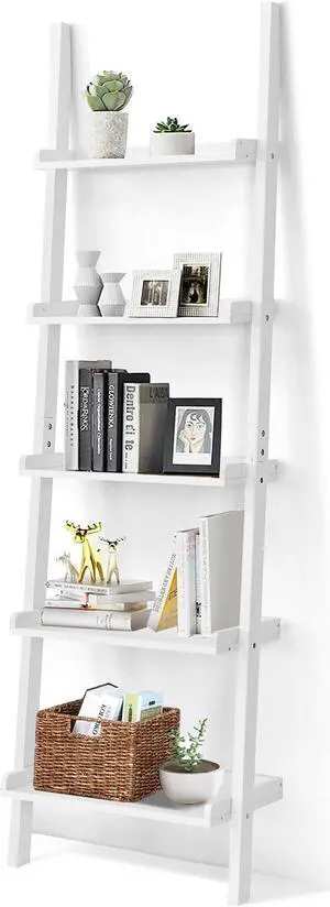 Costway Versatile White 5-Tier Bookshelf Leaning Wall Shelf Ladder  Bookcase White