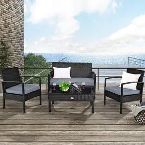 4 PCS Outdoor Patio Rattan Wicker Furniture Set Table Sofa Cushioned Deck Black