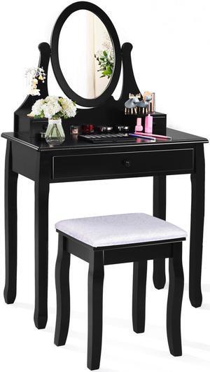 Costway Wooden Vanity Makeup Dressing Table Stool Set bathroom Black