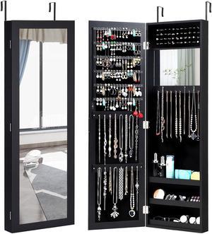 Costway Wall Door Mounted Mirrored Jewelry Cabinet Storage Organizer-Black