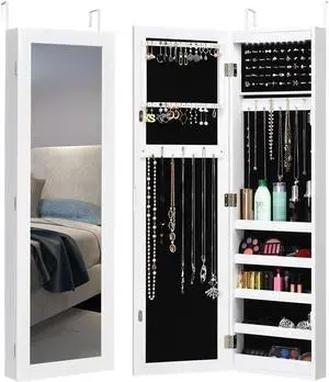 Costway Wall Door Mounted Mirrored Jewelry Cabinet Organizer Storage w/LED Light White