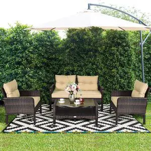 Costway 4PCS Patio Rattan Furniture Set Loveseat Sofa Coffee Table Garden with Cushion
