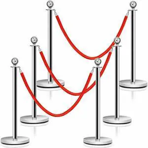 Costway 6Pcs Stanchion Posts Queue Pole Retractable 3 Velvet Ropes Crowd Control Barrier