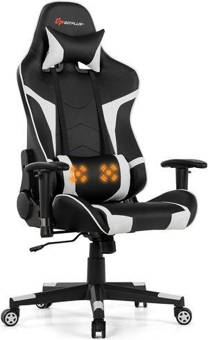 Massage Gaming Chair Reclining Swivel Racing Office Chair w/Lumbar Support White