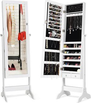 Costway Mirrored Jewelry Cabinet Storage Organizer w/Box Drawers White