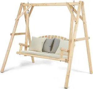 Wooden Porch Swing Outdoor Patio Rustic Torched Log Curved Back Bench A-Frame