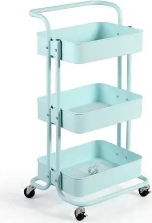 3-Tier Metal Rolling Storage Cart Trolley Kitchen 2 Brakes W/Handle Mint Green