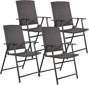 4 PCS Brown Folding Rattan Chair Furniture Outdoor Indoor Camping Garden Pool