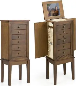 Jewelry Cabinet Armoire Big Standing Storage Box Chest w/Drawers & Mirror Nature