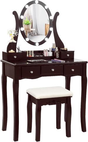 Vanity Table Set w/10 Light Bulbs and Touch Switch Makeup Dressing Table Brown