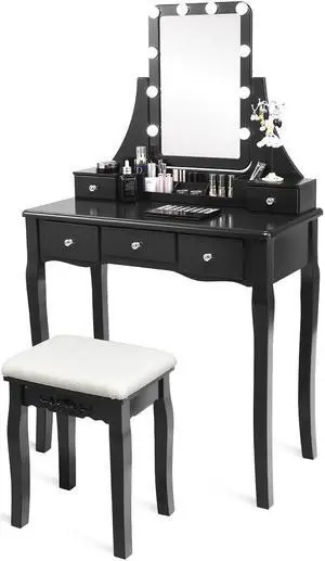 Vanity Dressing Table Set  w/Removable Box &10 Dimmable Bulbs Touch Switch Black