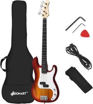 Sonart Full Size Electric Bass Guitar 4 String w/ Strap Guitar Bag Amp Cord Red