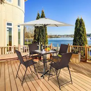 5PC Rattan Patio Furniture Set 4 Bar Stool Folding Chair + Bar Table W/Glass Top