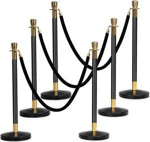 6Pcs Stanchion Posts Queue Pole Retractable 3 Velvet Ropes Crowd Control Barrier