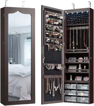 Wall Door Mounted LED Mirror Jewelry Cabinet Armoire Organizer w/6 Drawers Brown