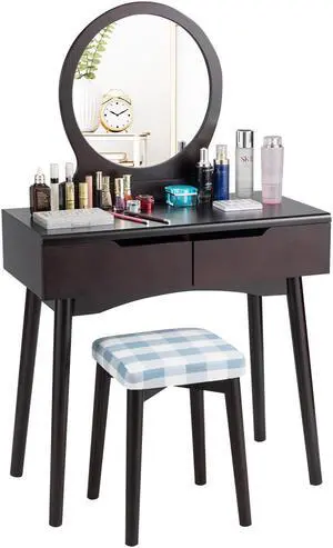 Vanity Set W/Round Mirror 2 Drawers Cushioned Stool Makeup Dressing Table Brown