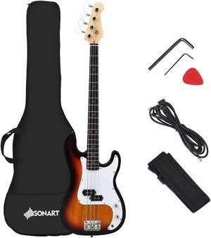 Sonart Full Size Electric Bass Guitar 4 String with Strap Bag Amp Cord Yellow