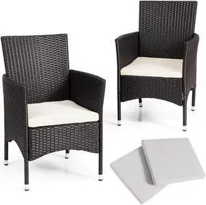 2PC Patio Rattan Wicker Dining Chairs Set Black With 2 Set Cushion Covers