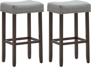 Costway Set of 2 Nailhead Saddle Bar Stools 29" Height w/ Fabric Seat & Wood Legs Gray