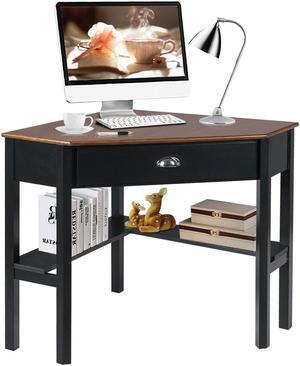 Costway Triangle Computer Desk Corner Office Desk Laptop Table w/ Drawer Shelves Rustic Coffee