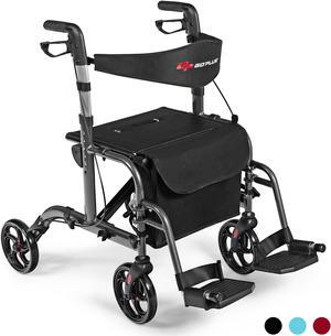 Goplus Folding Medical Rollator Walker Aluminum Transport Chair Adjustable Handle Black