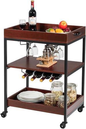 3 Tier Trolley Cart Kitchen Island Serving Bar Cart w/ Glass Holder & Wine Rack