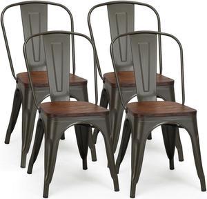 Set of 4 Tolix Style Metal Dining Side Chair Wood Seat Stackable Bistro Cafe