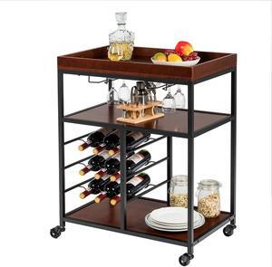 3 Tier Storage Kitchen Trolley Utility Bar Serving Cart w/Wine Rack&Glass Holder