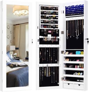 Wall Mounted Mirrored Jewelry Cabinet Armoire Organizer Lockable w/ LED Lights