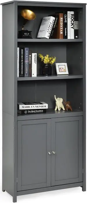 Costway Bookcase Shelving Storage Wooden Cabinet Unit Standing Bookcase W/Doors Gray