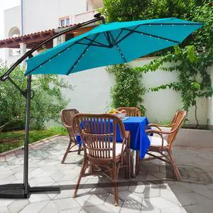 Costway 10FT Patio Offset Umbrella Solar Powered LED 360Degree Rotation Aluminum Turquoise