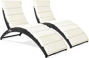 Costway 2PCS Folding Patio Rattan Lounge Chair Chaise Cushioned Portable Garden Black
