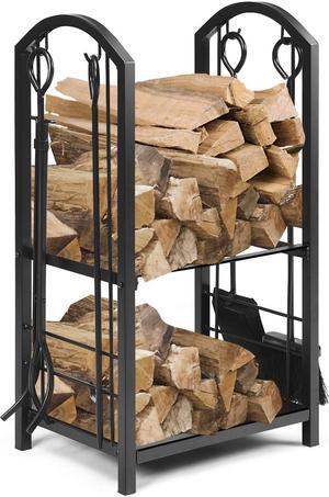 Fireplace Log Rack with 4 Tools Set Fireside Firewood Holders Indoor Outdoor