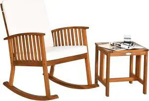 Costway 2PCS Acacia Wood Patio Rocking Chair Set Cushioned Coffee Table
