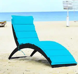 Costway Folding Patio Rattan Lounge Chair Chaise Cushioned Portable Garden Turquoise