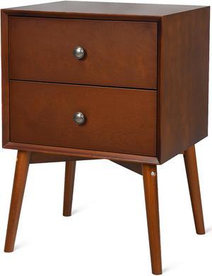 Costway Nightstand Mid-Century End Side Table 2 Drawers Rubber Wood Legs Living Room