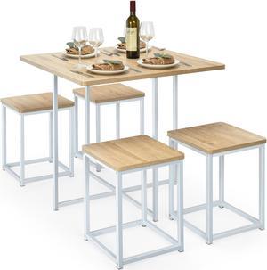 Costway 5pcs Dining Set Compact Dining Table and 4 Stools Metal Frame Nature\ Vintage White