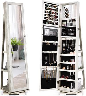 Costway 360degree Rotatable Jewelry Cabinet 2-in-1 Lockable Mirrored Organizer White