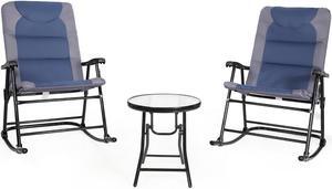 Costway 3PCS Folding Bistro Set Rocking Chair Cushioned Table Garden Blue